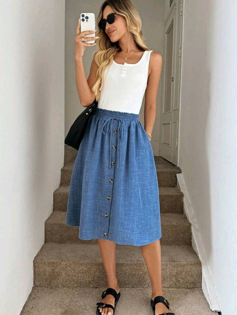 Women Light Blue Denim Effect A-Line Skirt, Loose Fit, For Autumn Vacatio - Picture 2 of 5